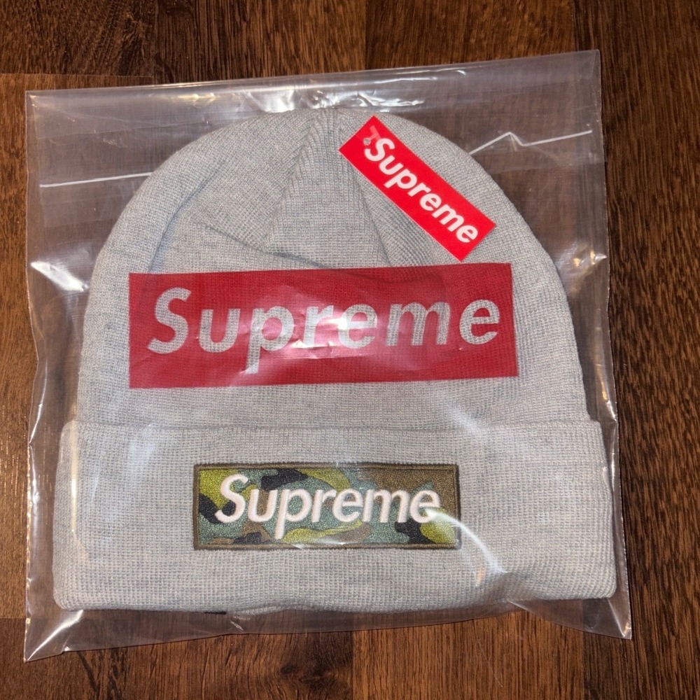 Supreme New Era Knit Beanie Heather Grey Green Camo Box Logo Ski Cap FW24 Gray
